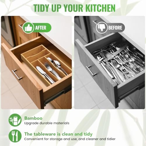 Bamboo Silverware Organizer, 6.7" x 14.2" x 1.6"