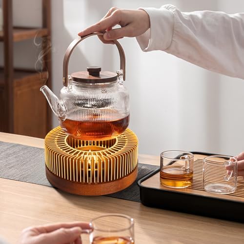Teapot Warmer, Aluminum Tea Warmer with Wooden Base, Candle Heater for
