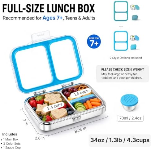 Leak-Resistant 18/8 Stainless Steel Bento Lunch Box Kids 7+ and Adults
