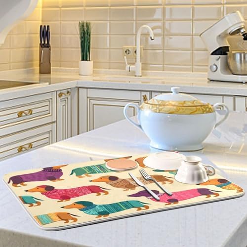 OTVEE Cute Dog Art Dish Drying Mat for Kitchen Counter Absorbent Heat