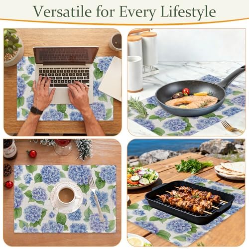 Blue Hydrangea Flower Fabric Placemats,Spring Floral Table Placemats