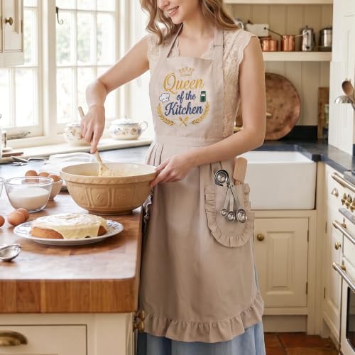 Elife Embroidered Apron,Ruffle Kitchen Cooking Apron with Pockets for