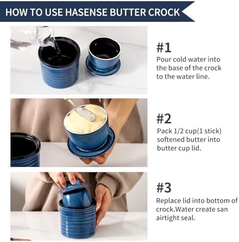 Hasense Ceramic Butter Crock with Lid, Butter Dish for Countertop with