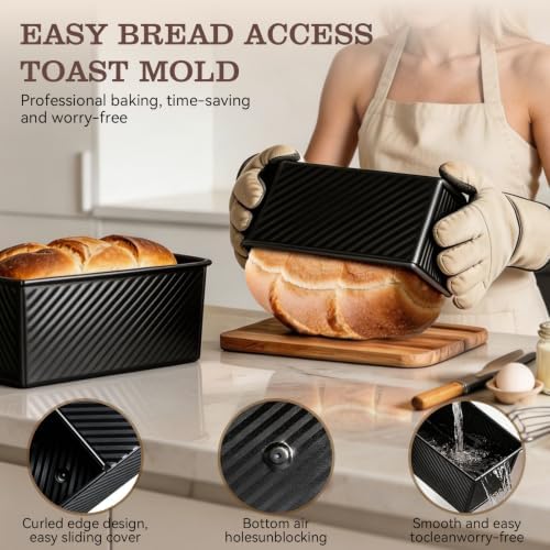 Nonstick Pullman Loaf Pan with Lid, 7.4/8.15/12.48in (Black)