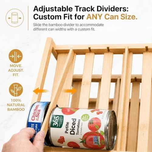 MinBoo 3-Tier Bamboo Can Organizer for Pantry - Holds 36 Cans (9/12/15) - Stackable Canned Food Dispenser with Adjustable Dividers - Gravity-Fed Rolling Storage Rack for Kitchen Cabinets