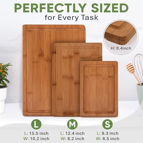 MelBell Bamboo Cutting Board Set Of 3 for Kitchen - Wooden Chopping