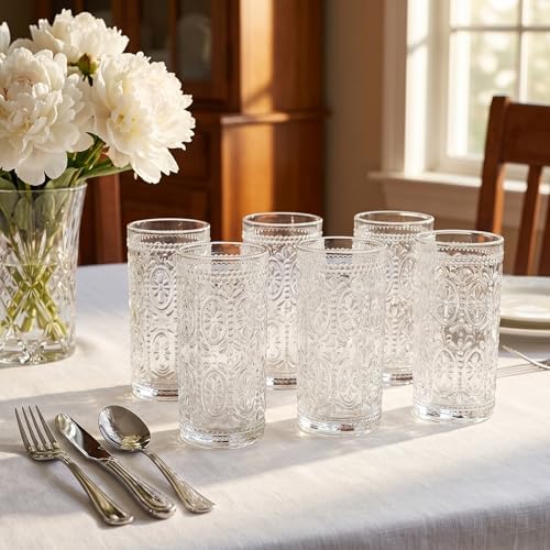 Bekith 6 Pack Romantic Drinking Glasses, 12 oz Highball Glasses, Thick