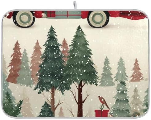 OTVEE Red Truck Xmas Joy Dish Drying Mat for Kitchen Counter Absorbent