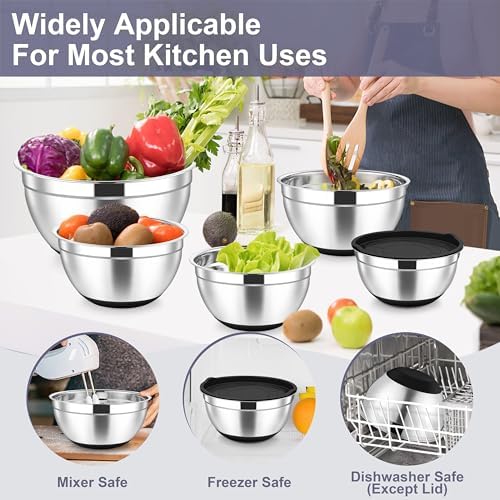 TeamFar Mixing Bowls, Stainless Steel Salad Bowl with Lid & Graters