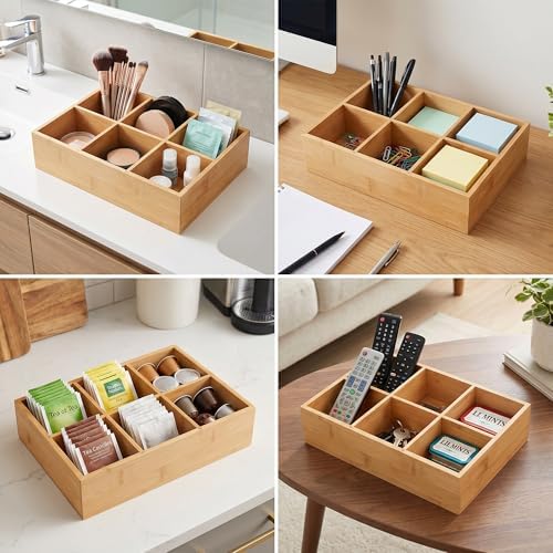 2 Pack Bamboo Desk Organizer with Adjustable Dividers