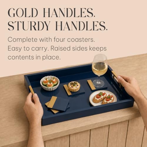 Wood Serving Tray with Gold Handles, 16x12, Navy Blue by Death Decor