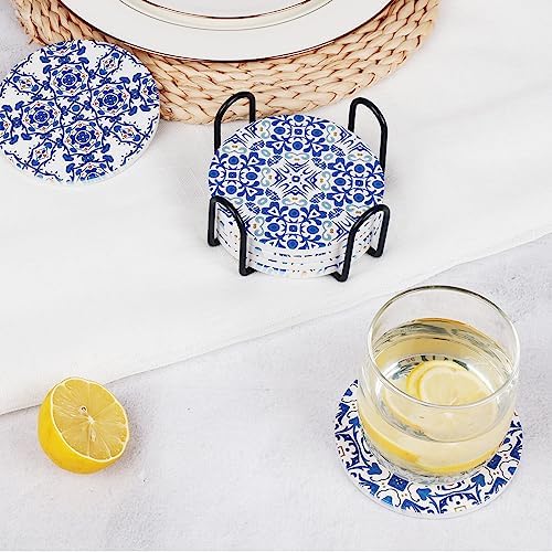 Ceramic Coasters for Drinks Absorbent - Metal Holder Set, Dry & Clean
