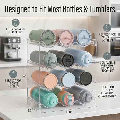 Stackable Water Bottle Organizer 4 Tier Holds 16 Bottles, Storage Rack