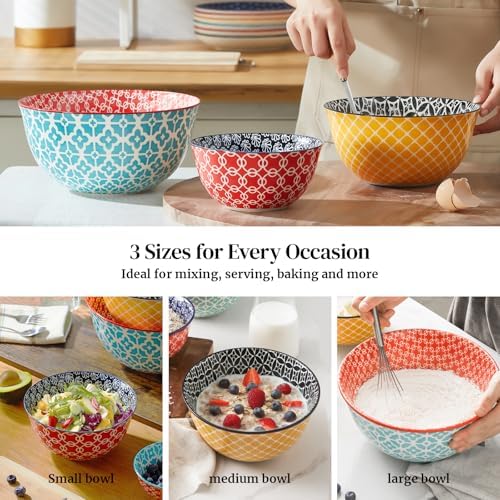 DOWAN Mixing Bowls, Ceramic Mixing Bowls for Kitchen, Colorful Vibrant