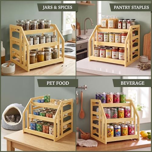 Bamboo Can Organizer for Pantry Cabinet, 3 Tier Tilt Rack Holds 36