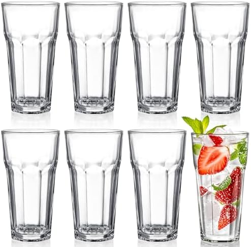 Yopay Set of 8 Highball Drinking Glasses, 12oz Lead-Free Tempered