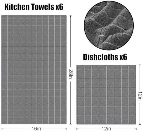 Homaxy Microfiber Kitchen Towels and Dishcloths Sets, 12 Pack, Grey