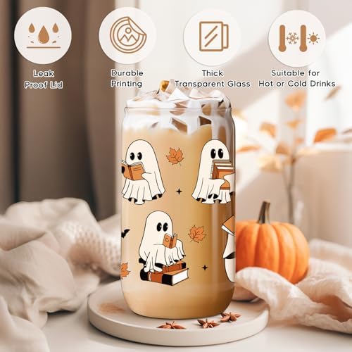 Coolife Halloween Ghost Reading Cup, 16 oz Bookish Fall Glass Tumbler