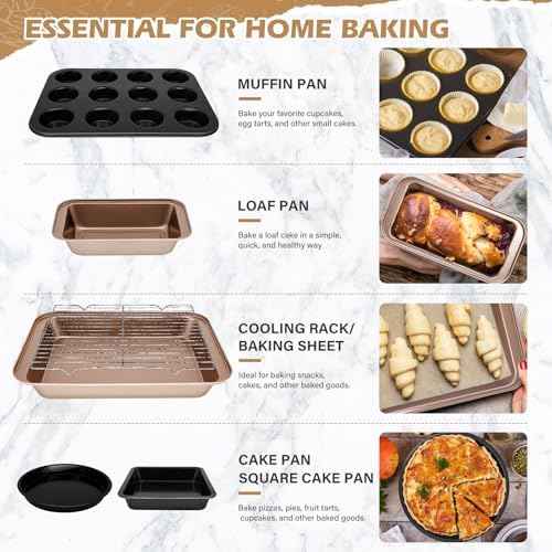 26pcs Nonstick Baking Pans Set Carbon Steel, Muffin Pan with Silicone Cups, Cooling Rack, Round & Square Cake Pans, Measuring Cups & Spoons, Bakeware Sets for Beginners, Renters & Home Bakers