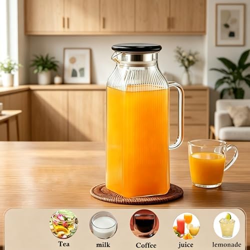 Glass Pitcher with Wooden Lid, 68 fl.oz Square Glass Carafe with