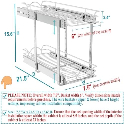 OCG 2 Tier Pull Out Cabinet Organizer (7.5" W x 21.5" D), Pull Out