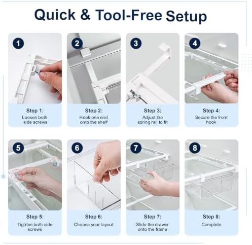 Fridge Drawer Organizer Pull-Out Under Shelf Bin, Adjustable Dividers