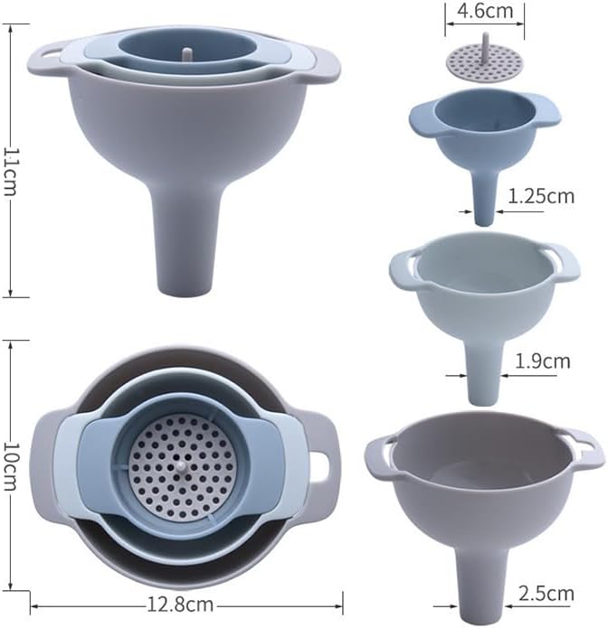 4-in-1 Multi Size Kitchen Funnel Set with Removable Strainer, Plastic
