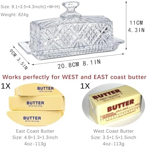 8" Crystal Covered Butter Dish for Countertop, Glass Butter Dish with