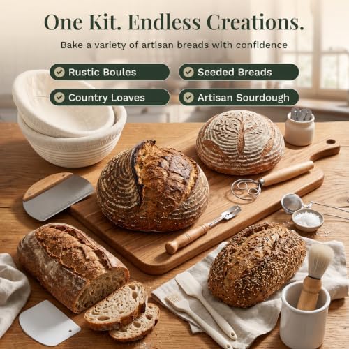 Sourdough Starter Kit, 9" Round Banneton Bread Proofing Basket Set