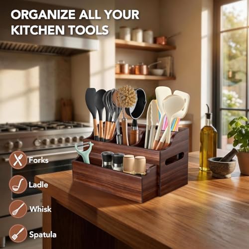 Kitchen Utensil Holder for Countertop, Large Wooden Utensil Organizer