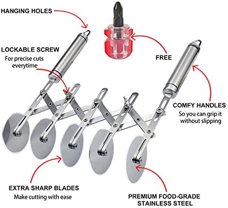 Juome 5 Wheel Pastry Cutter Stainless Pizza Slicer Multi-Round Dough