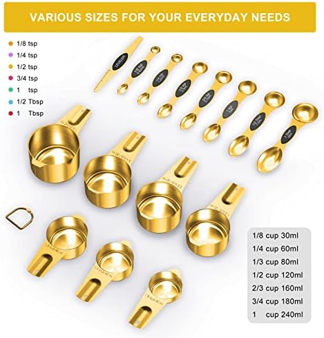 Gold Measuring Cups and Spoons Set of 15, 18/8 Stainless Steel