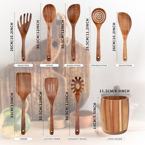 9 PCS Natural Teak Wooden Kitchen Utensil Set
