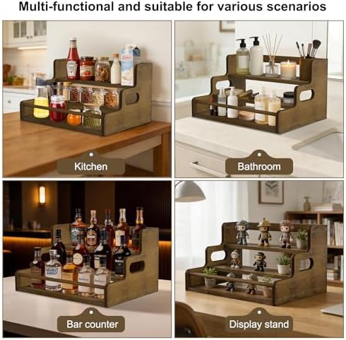 Bamboo Liquor Bottle Display Shelf, 3 Step Countertop Wine Rack, Bar