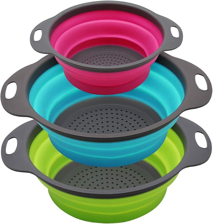 Qimh Collapsible Colander Set of 3 Round Silicone Kitchen Strainer Set by Qimh