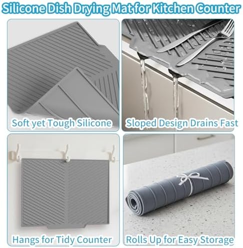 Silicone Dish Drying Mat for Kitchen Counter with 6.5" Built-in Drain