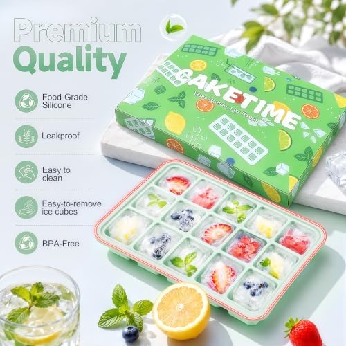 CAKETIME 2 Pack Silicone Ice Cube Trays with Lid Reusable Metal