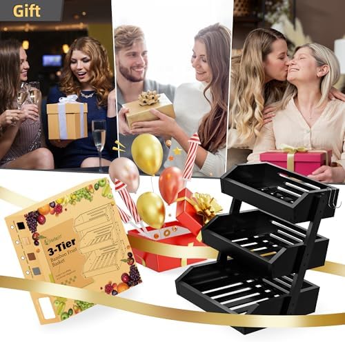 Black Bamboo 3 Tier Fruit Basket for Kitchen Counter with 2 Banana Hangers
