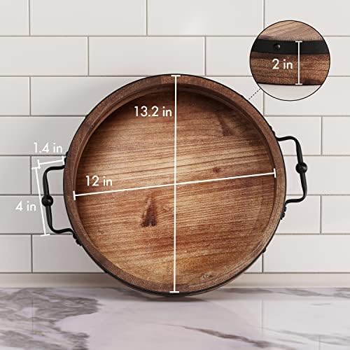 Round Coffee Table Tray|13'' Farmhouse Wood Serving Tray with Metal