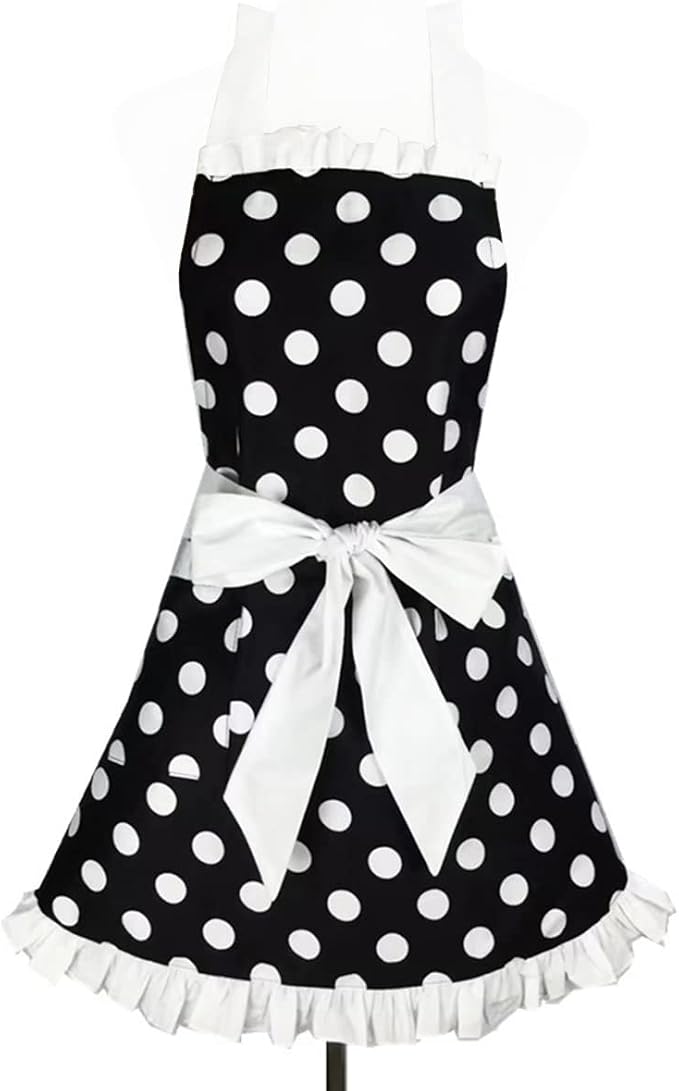 Hyzrz Cute Apron Retro Black Polka Dot Retro Ruffle Side Vintage Cooking Aprons by Hyzrz