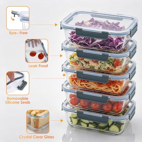 5-Pack 22 oz Glass Storage Containers with Lids, Grey