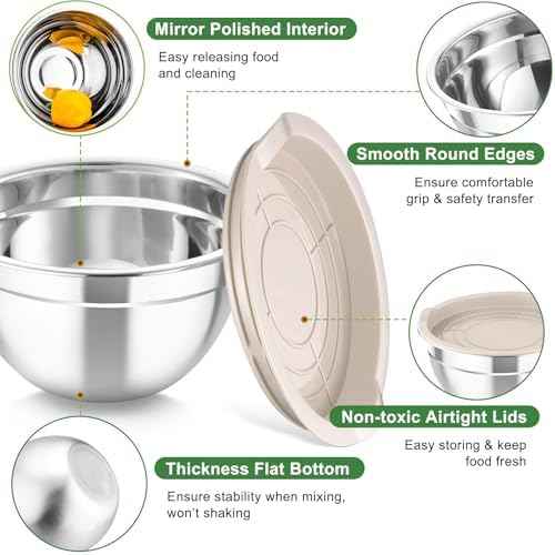 TeamFar Mixing Bowls with Lids, 5PCS Stainless Steel Metal Salad Bowl