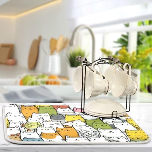 OTVEE Colorful Cat Art Dish Drying Mat for Kitchen Counter Absorbent