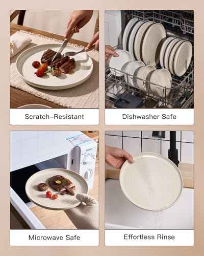 Stoneware Dinnerware Sets for 8, Reactive Glaze Plates & Bowls, Shell Beige