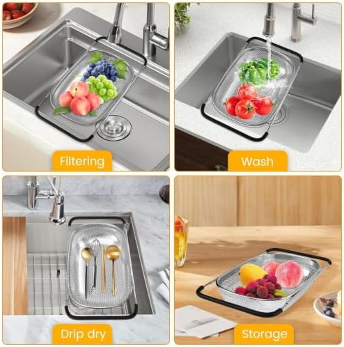 Over Sink Colander, Expandable Stainless Steel Basket with Handle Fine