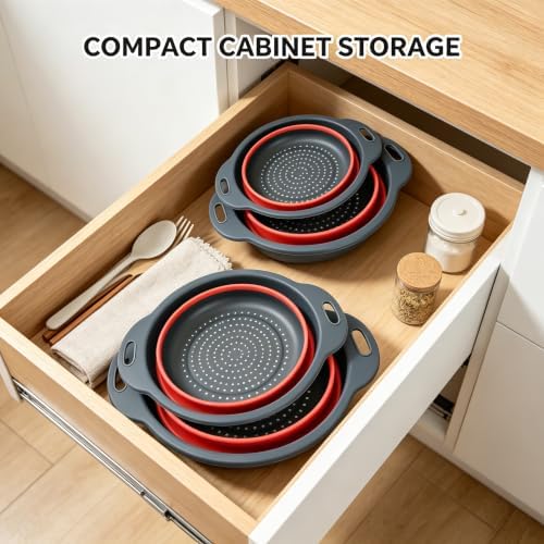 Red Collapsible Colander Set 3 Pack Silicone Strainers
