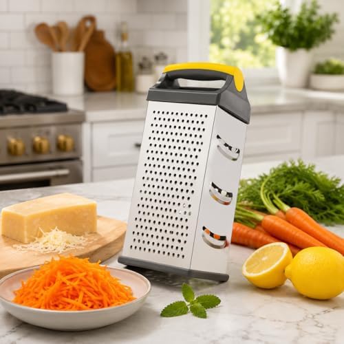 Cheese Grater, 4-Sided Box Grater with Handle, Stainless Steel