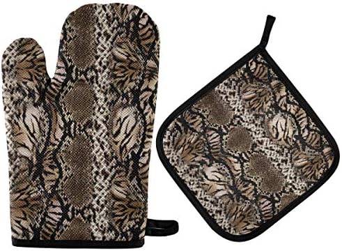QMXO Abstract Leopard Snake Skin Print Oven Mitts Quilted Cotton