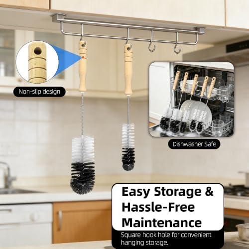 2 Pcs Bottle Brushes Set with Wooden Handle, Long Thin Flexible