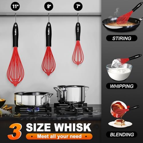 Walfos Whisk,Silicone Whisks- Heat Resistant(480°F) Silicone Whisks